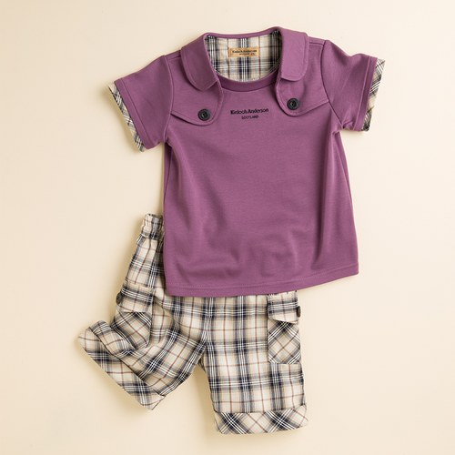 立領休閒衫+格子褲 (紫色)