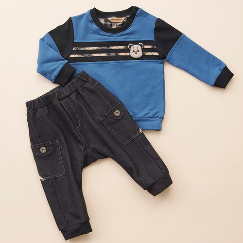 KA經典格紋條紋熊上衣+長褲套裝(藍色)