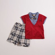 【最後現貨】KA長纖維棉假兩件式男童套裝-附領結(共二色)