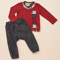 【最後現貨R55/65】KA經典格紋HELLO熊上衣+長褲套裝(紅色)